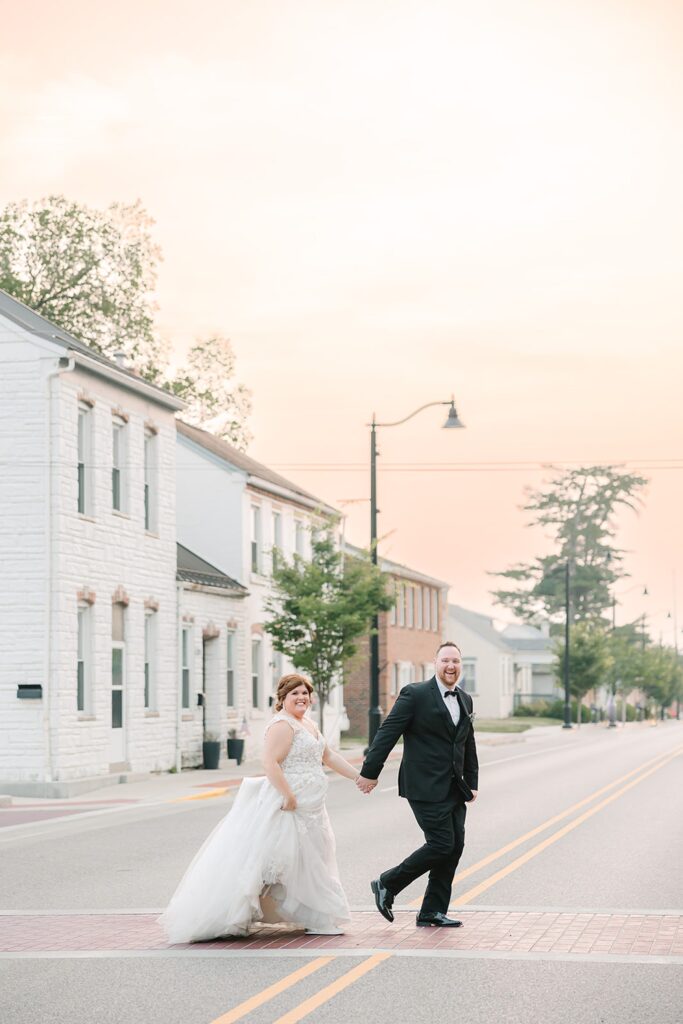 Sunset street shot of bride and groom, st. louis wedding celebration