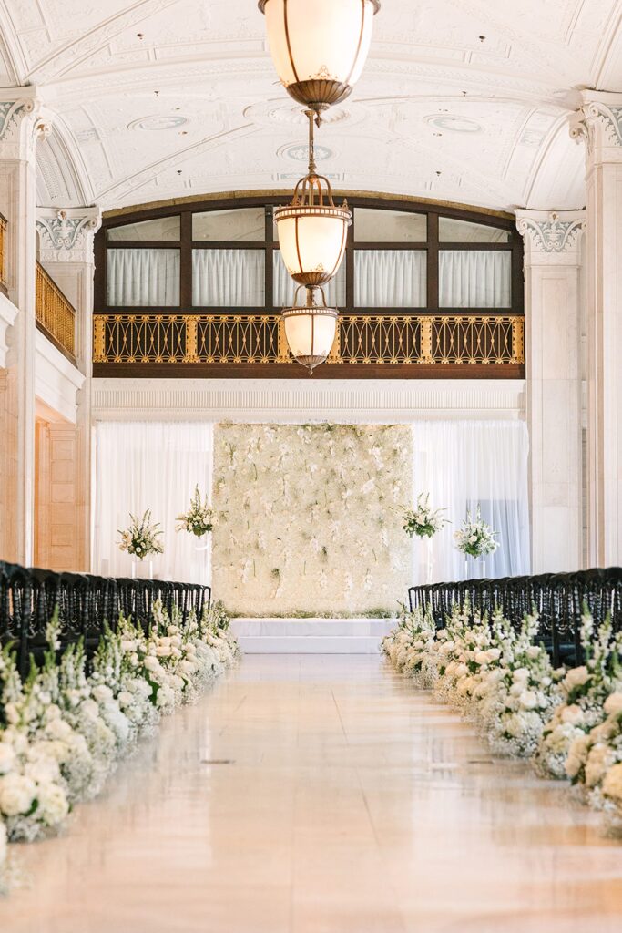 The Marriott St. Louis Grand, Statler Ballroom Wedding, Black and White Classic Wedding Aisle Decor