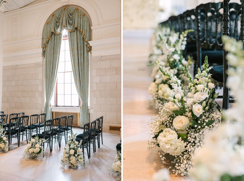 Aisle florals, classy white wedding decor, traditional black and white wedding, black chairs, white florals