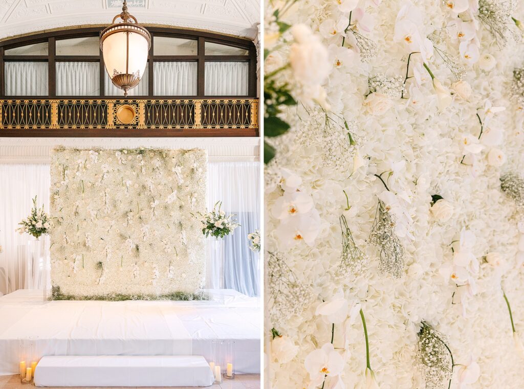 Wedding Ceremony backdrop, white floral ceremony backdrop, classy floral wall for wedding ceremony