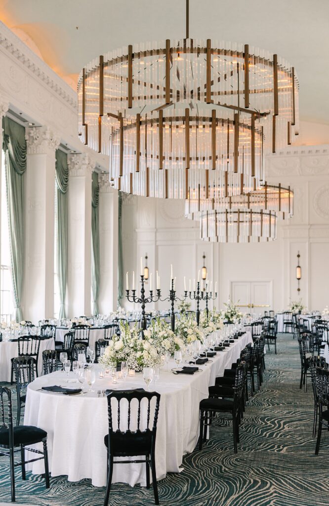 Luxury black and white wedding inspiration, The Marriott St. Louis Grand Wedding Reception, Emily Broadbent Photography, Crystal Ballroom Wedding Reception