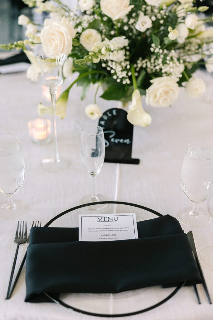 Black and White table decor and menu inspiration