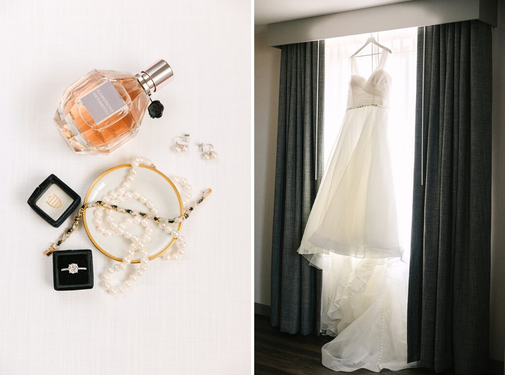 Wedding jewelry, bridal details, bridal gown in bridal suite at Marriott St. Louis Grand