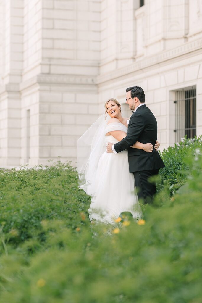 Bride and Groom in garden at Central Library St. Louis