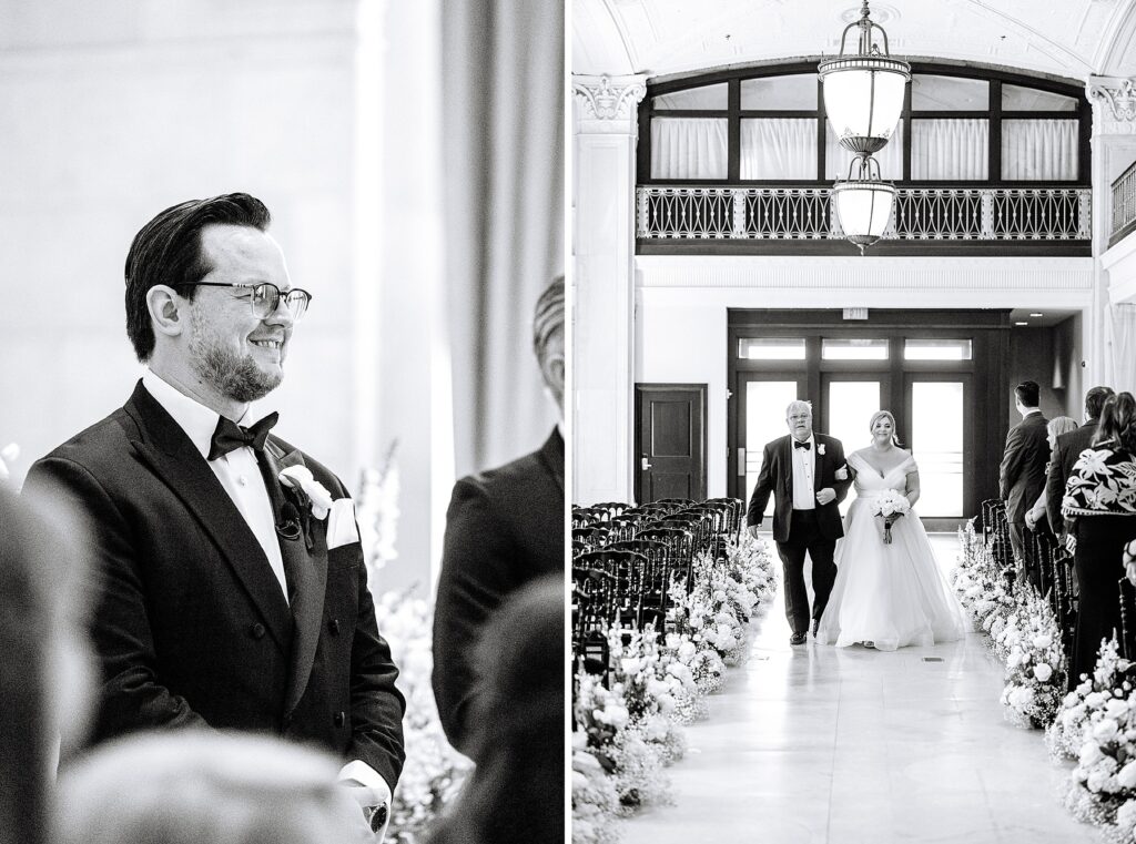 Bride and groom aisle shots, black and white photo inspo