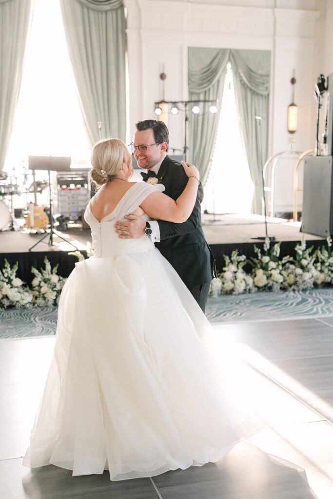 Bride and Groom first dance, princess gown style bride, Crystal Ballroom Marriott