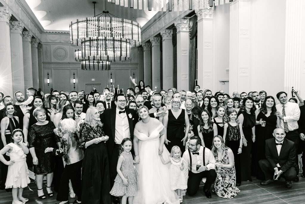 black and white st. Louis wedding, Crystal Ballroom The Marriott Grand, Entire wedding party, large wedding reception venue in St. Louis